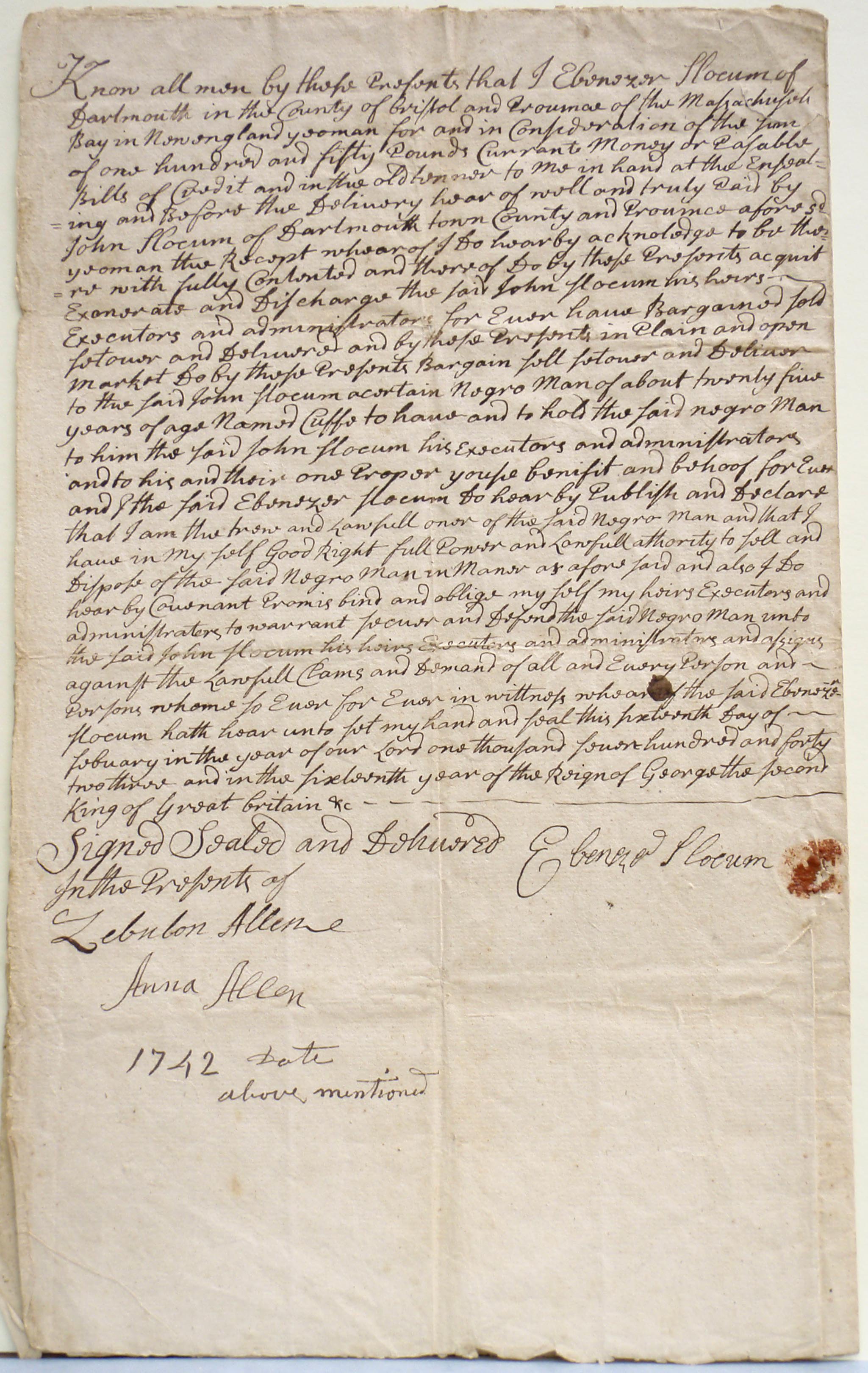 Bill of sale of Cuffe Slocum, Ebenezer Slocum to John Slocum